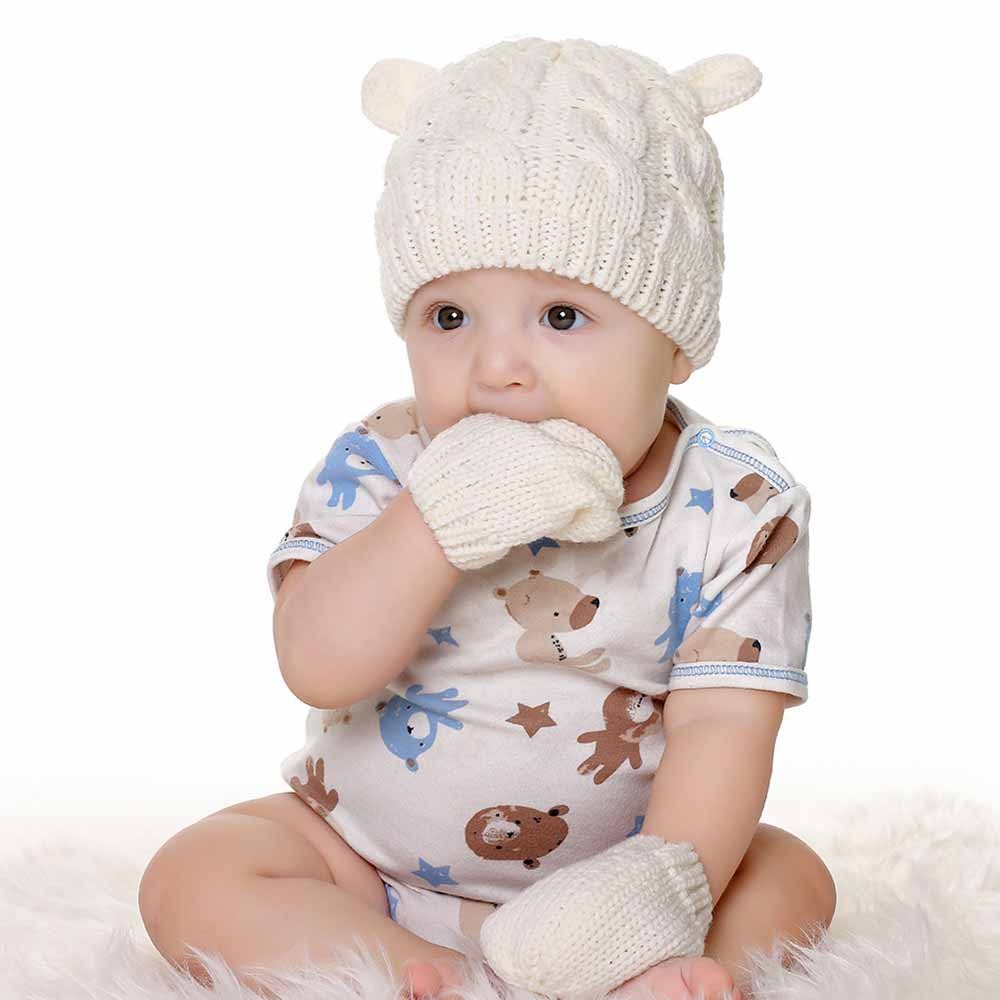 Winter Baby Hat Newborn Wool Small Ear Hat Gloves Two Piece Ear Protection and Warm Lining Set