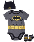 DC Comics Batman Baby Clothes 3-Piece Set with Bodysuit Baby Hat and Baby Socks - Batman Baby Gift Set (Black/Yellow 0-3M)