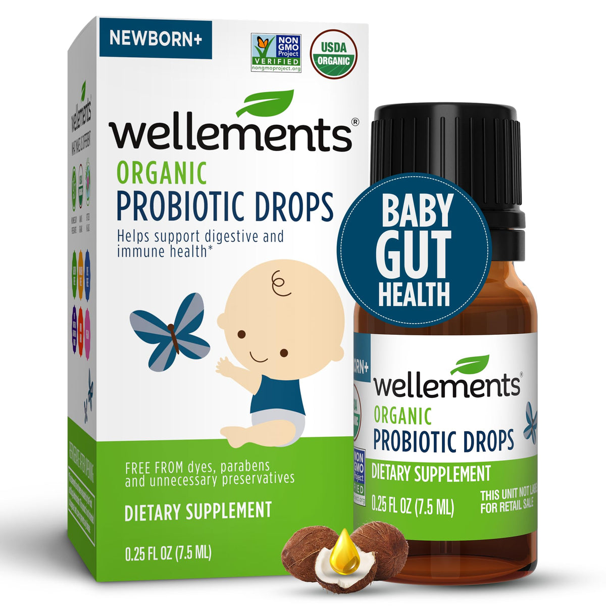 Wellements Organic Baby Probiotic Drops (0.25 Fl Oz) - Digestive & Immune Support for Infants - Toddler Probiotic Helps with Newborn+ Gut Health Gas Constipation & Colic Support - Preservative Free