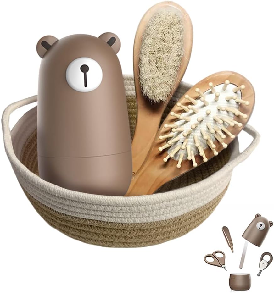 6-in-1 Baby Grooming Set, Natural Wooden Hairbrush and Comb, Nail Clippers,Nail Scissors, Nail File and Tweezers for Kids and Newborns in Nice Gift Box