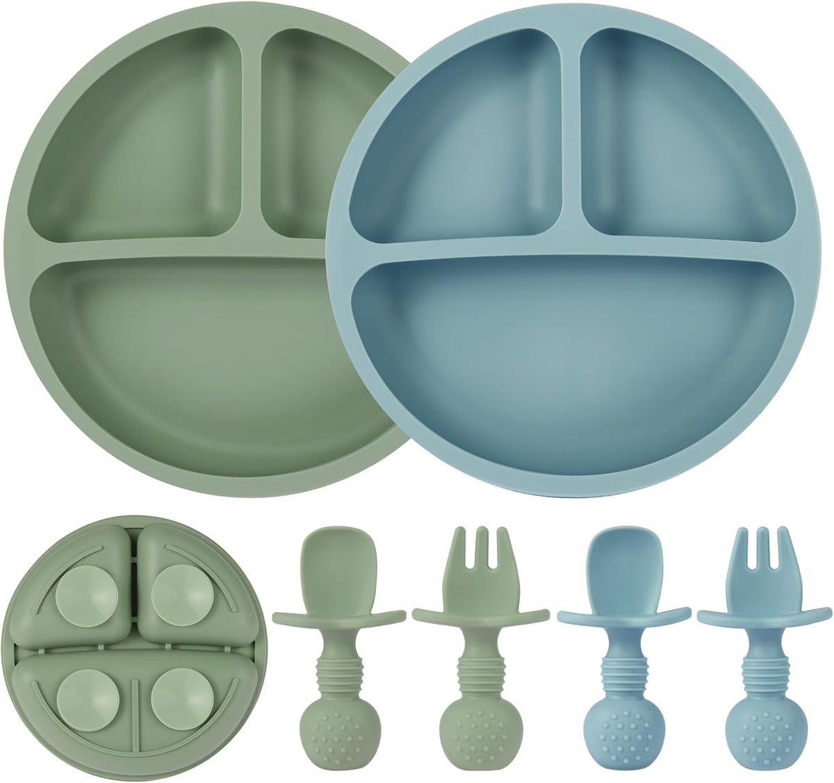 Eascrozn 2 Pack Divided Toddler Plates with Suction, Spoons and Forks Set
