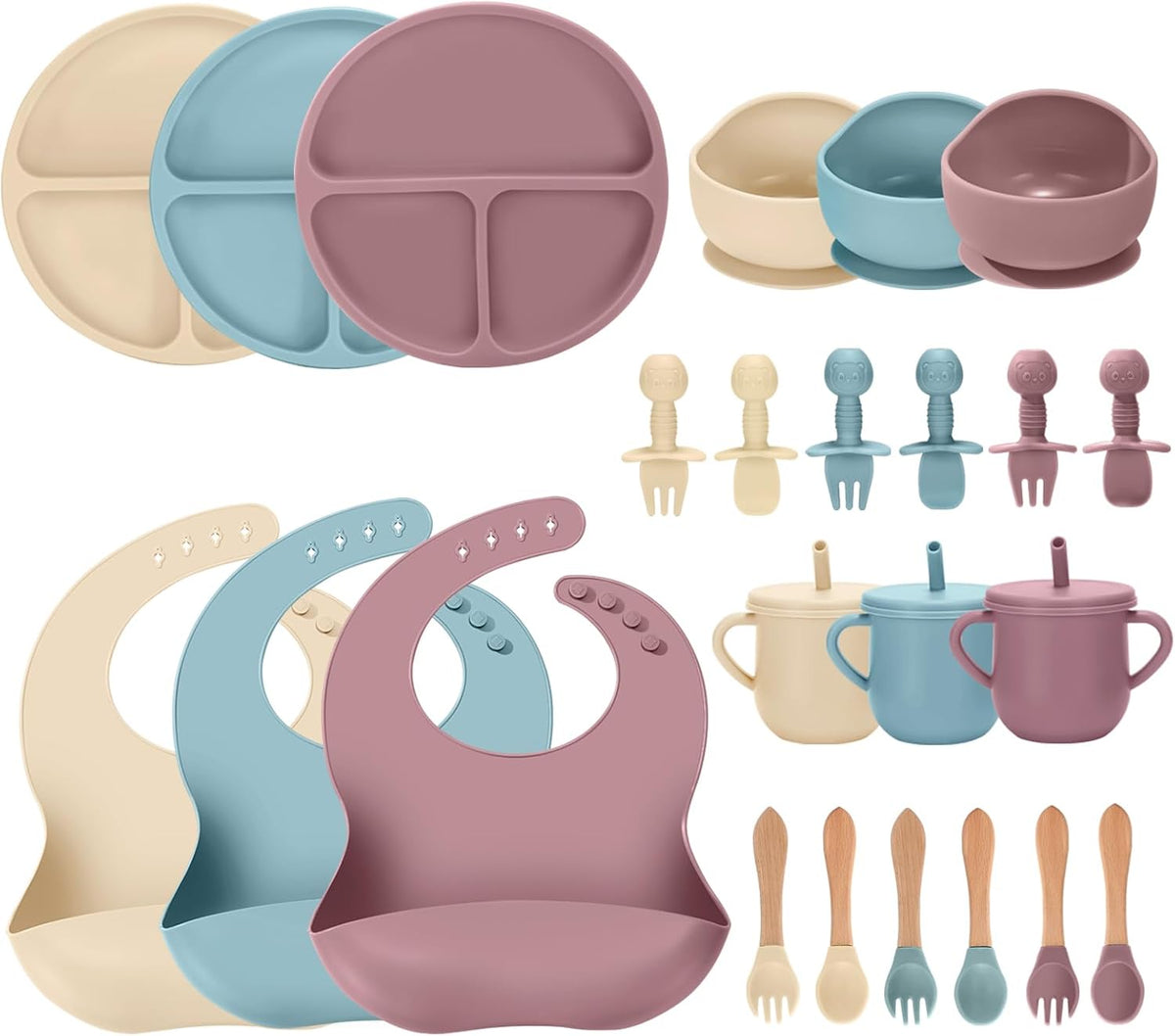 24 PCS Silicone Baby Feeding Set, Baby Led Weaning Supplies Includes Suction Bowls and Divided Plates, Adjustable Silicone Bib, Spoons&forks, Training cup with straw (Green+Brown+Beige)