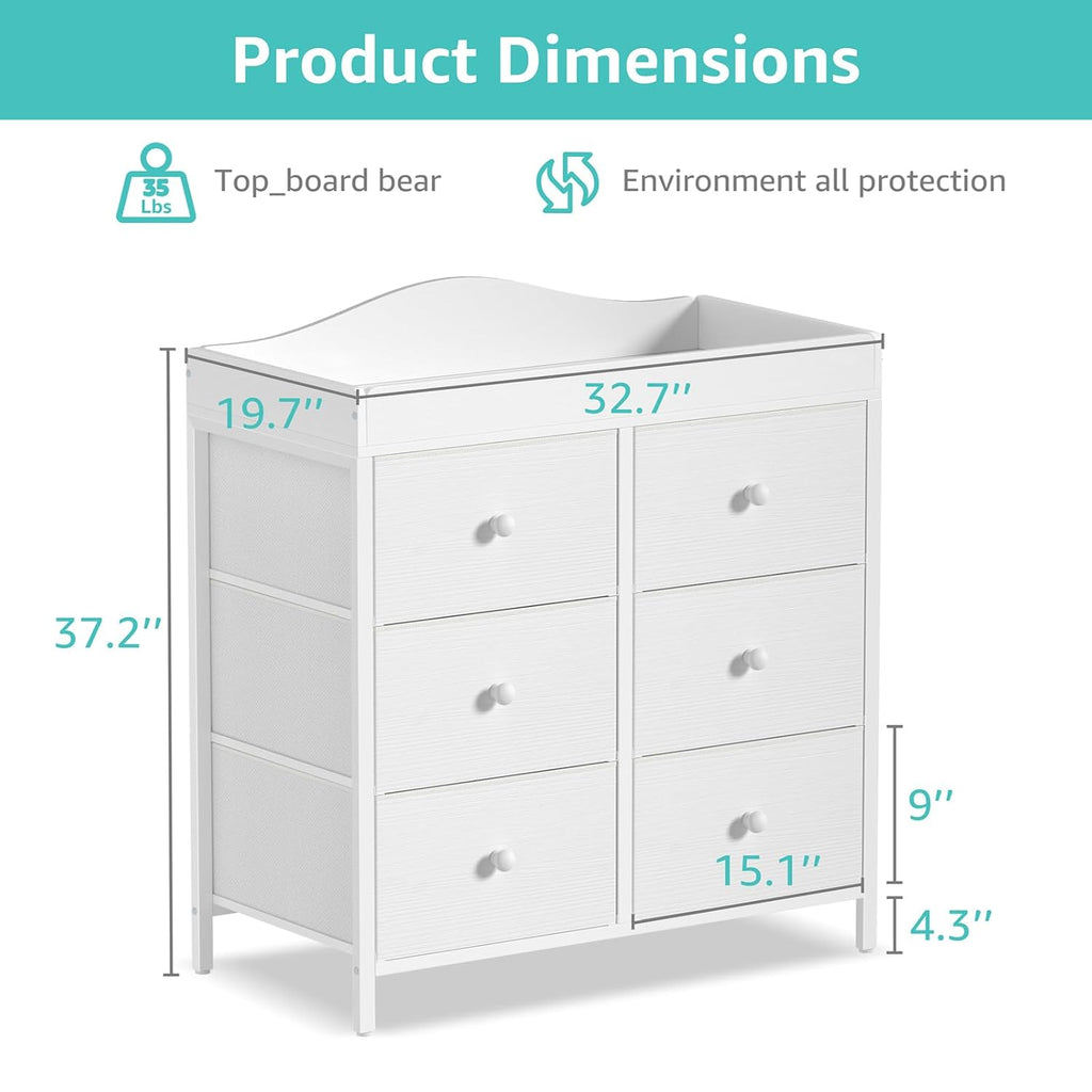 BOLUO White Changing Table Dresser with 6 Drawers Baby Dresser with Changing Table Top Diaper Changing Station with Storage for Nursery Modern