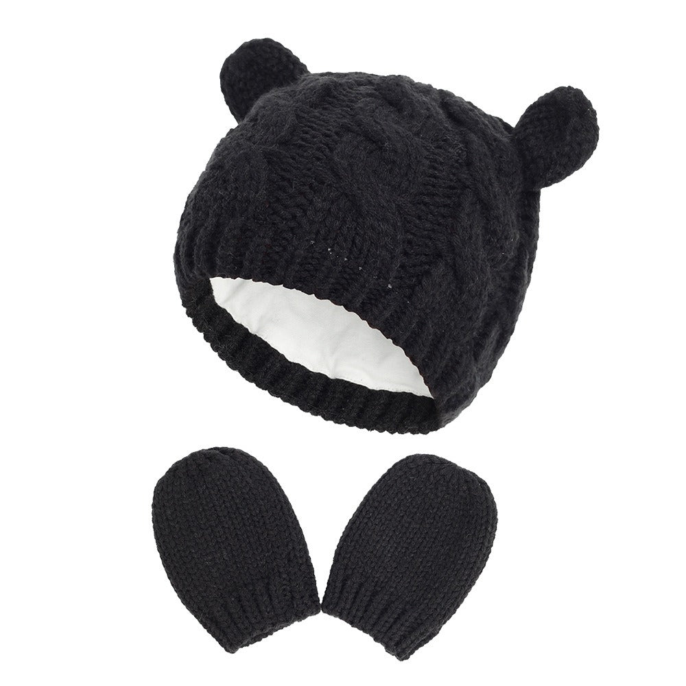 Winter Baby Hat Newborn Wool Small Ear Hat Gloves Two Piece Ear Protection and Warm Lining Set