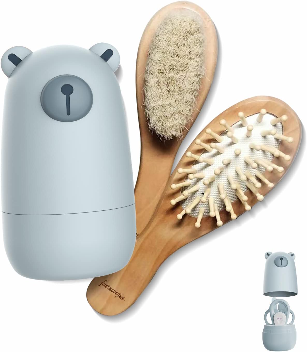 6-in-1 Baby Grooming Set, Natural Wooden Hairbrush and Comb, Nail Clippers,Nail Scissors, Nail File and Tweezers for Kids and Newborns in Nice Gift Box