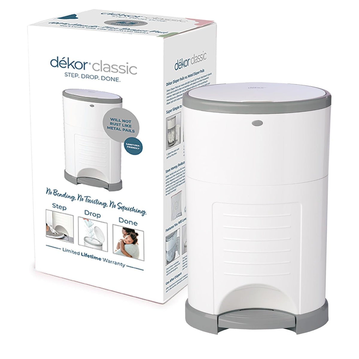 Diaper Dekor EKO Classic Diaper Pail, White | ONLY Eco-Friendly Diaper Pail Made with 70% Recycled Materials | Hands-Free: Step–Drop–Done | Cost-Effective Refill System