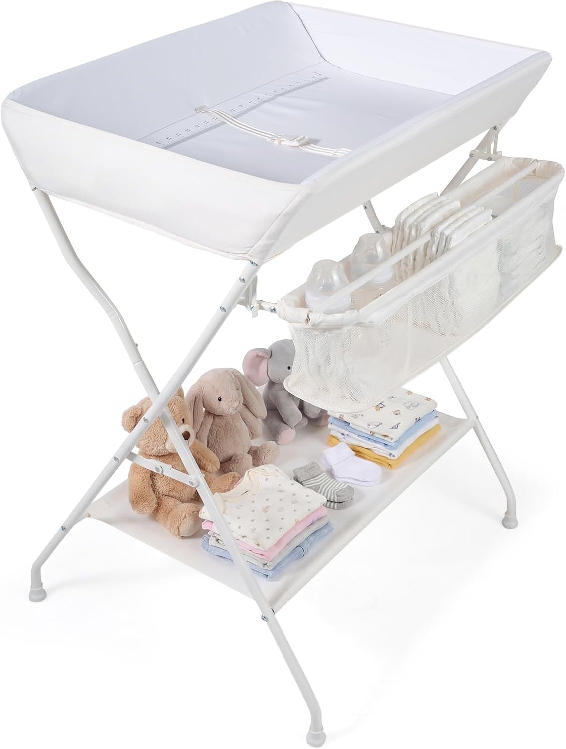 Costzon Changing Table, Portable Baby Changing Table Foldable Diaper Changing Station with Safety Belt, Large Storage Rack & Shelf, Nursery Organizer for Newborn Infant (Black)