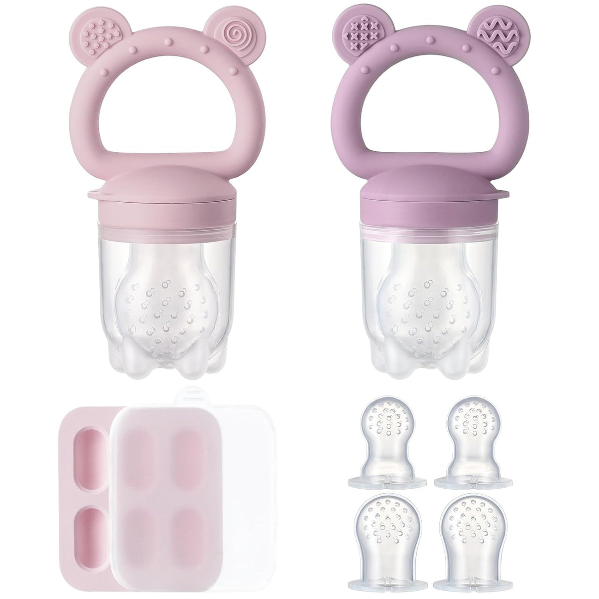 2 Pack Silicone Baby Fruit Feeder with Mini Freezer Tray, Breastmilk Popsicle Molds for Baby Teething Relief, Fresh Food Feeder for Safe Infant Self Feeding, Extra Food Pouches