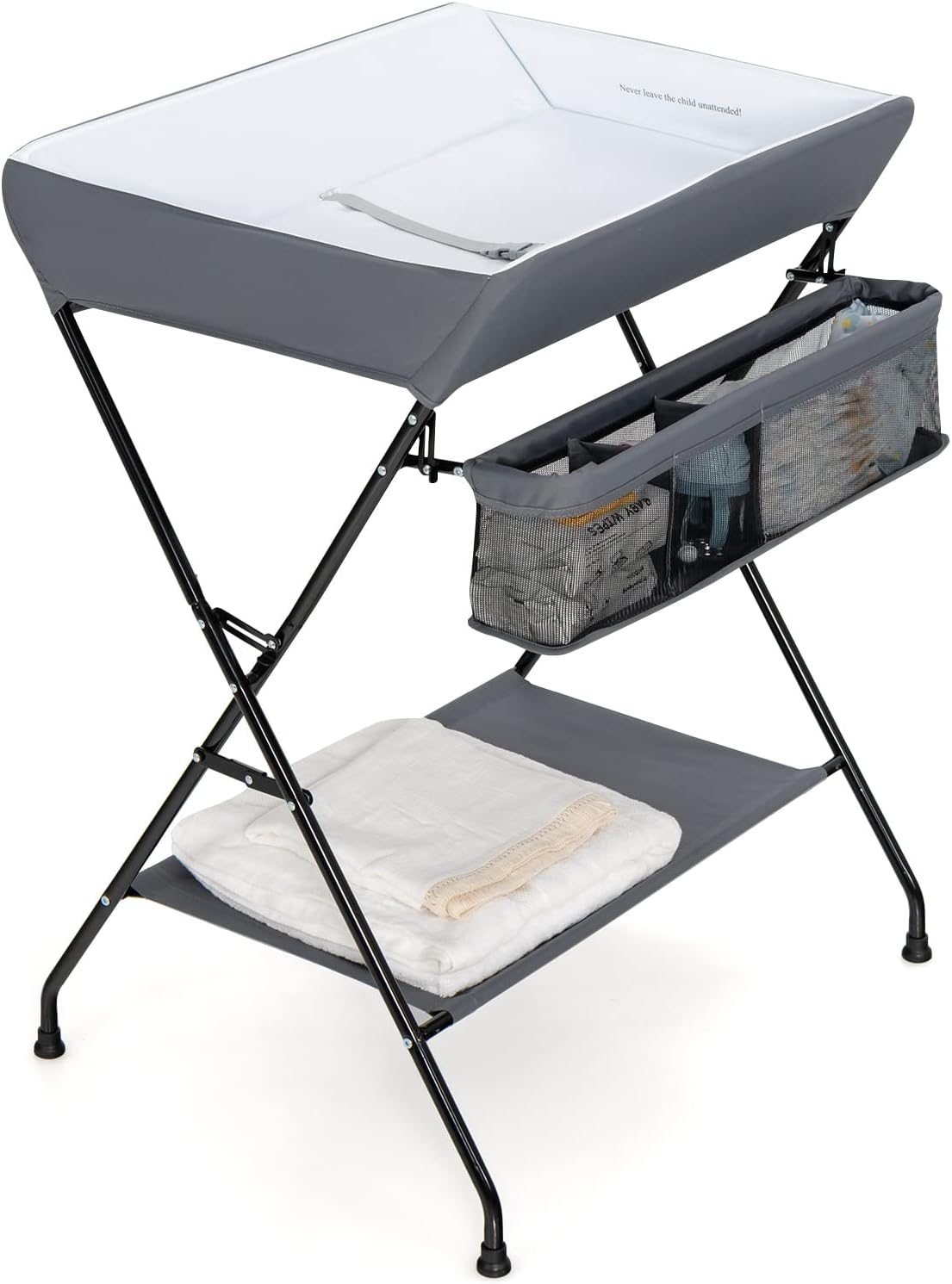 Costzon Changing Table, Portable Baby Changing Table Foldable Diaper Changing Station with Safety Belt, Large Storage Rack & Shelf, Nursery Organizer for Newborn Infant (Black)