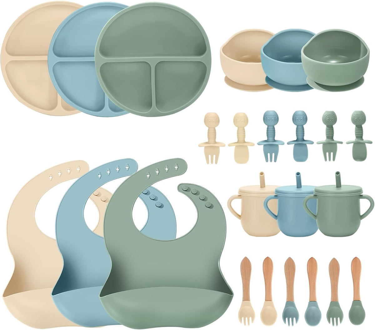 24 PCS Silicone Baby Feeding Set, Baby Led Weaning Supplies Includes Suction Bowls and Divided Plates, Adjustable Silicone Bib, Spoons&forks, Training cup with straw (Green+Brown+Beige)