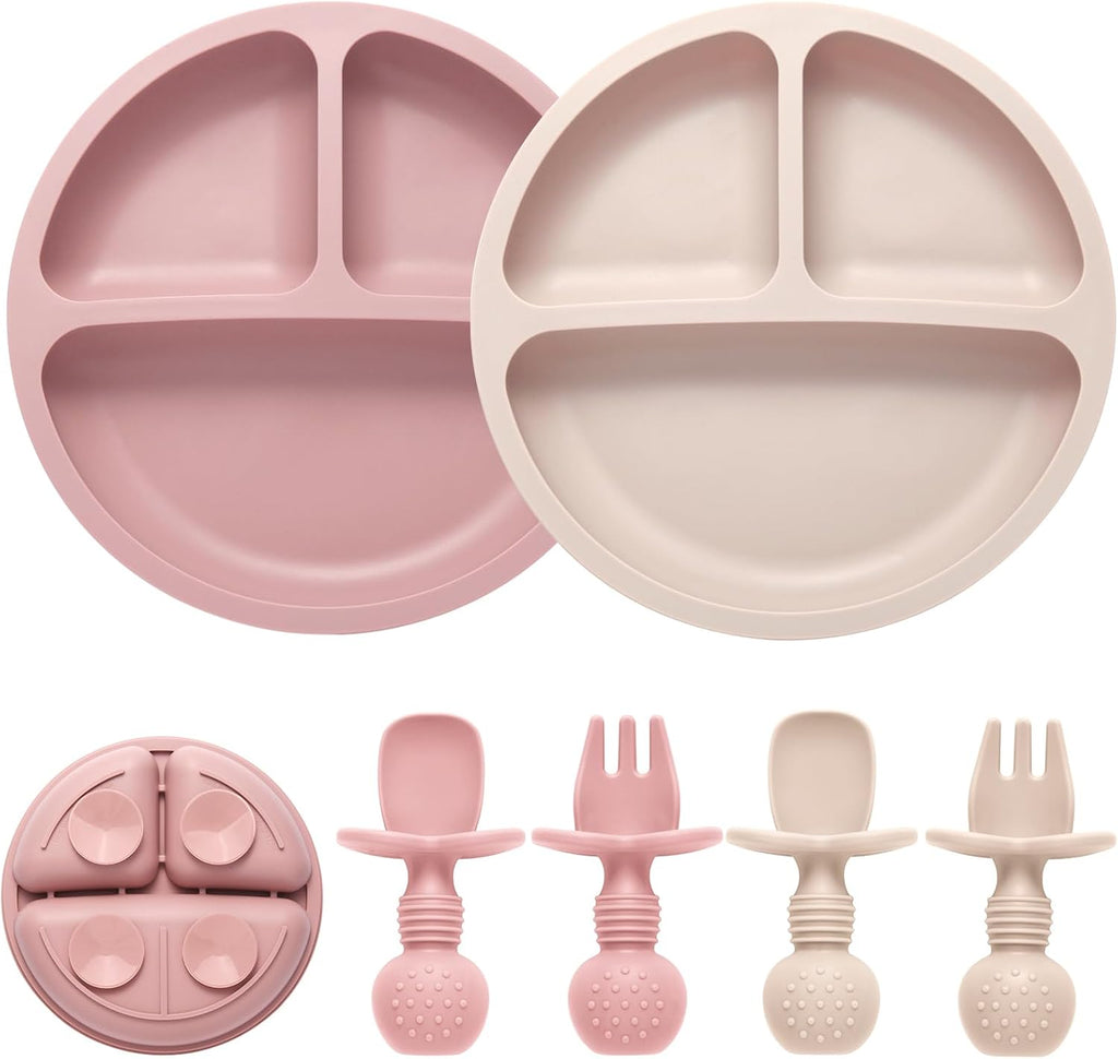 Eascrozn 2 Pack Divided Toddler Plates with Suction, Spoons and Forks Set