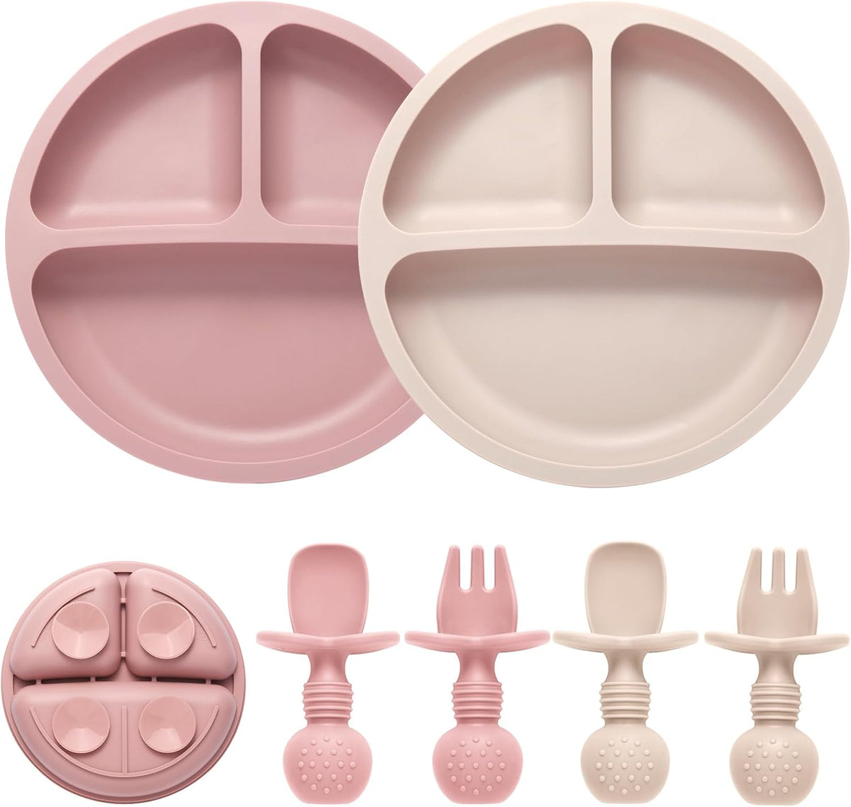 Eascrozn 2 Pack Divided Toddler Plates with Suction, Spoons and Forks Set