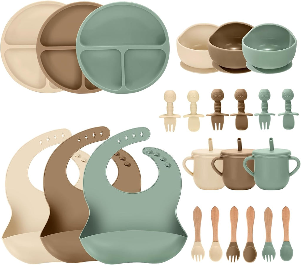 24 PCS Silicone Baby Feeding Set, Baby Led Weaning Supplies Includes Suction Bowls and Divided Plates, Adjustable Silicone Bib, Spoons&forks, Training cup with straw (Green+Brown+Beige)