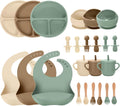 24 PCS Silicone Baby Feeding Set, Baby Led Weaning Supplies Includes Suction Bowls and Divided Plates, Adjustable Silicone Bib, Spoons&forks, Training cup with straw (Green+Brown+Beige)