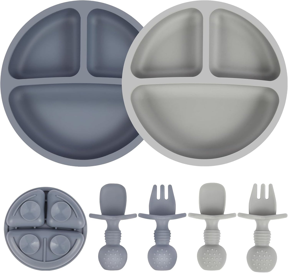 Eascrozn 2 Pack Divided Toddler Plates with Suction, Spoons and Forks Set