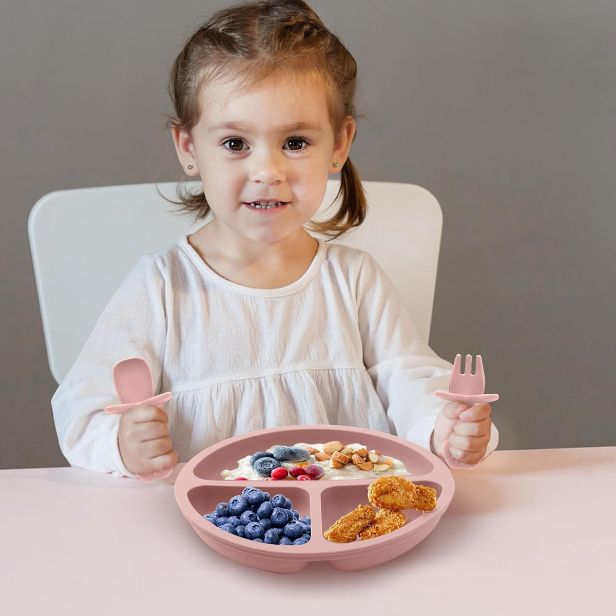 Eascrozn 2 Pack Divided Toddler Plates with Suction, Spoons and Forks Set