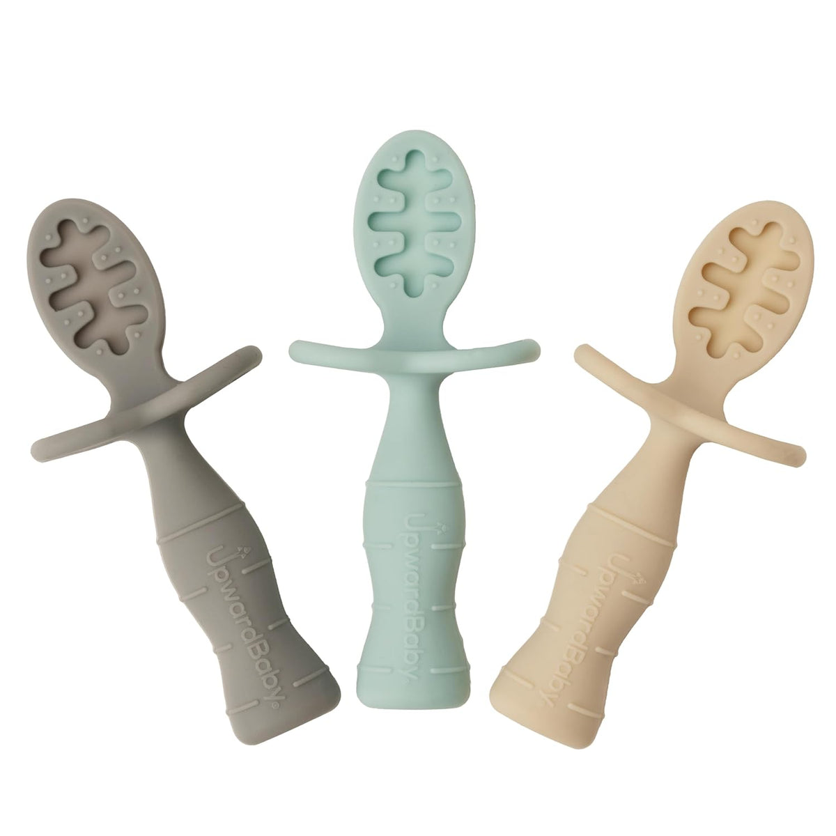 UpwardBaby Self-Feeding Spoon - Anti Choke Barrier - Silicone Baby Spoons Toddler Utensils for Home & Travel, Textured Tips Massage Gums & Baby-Led Weaning (Blue/Gray/Mint)
