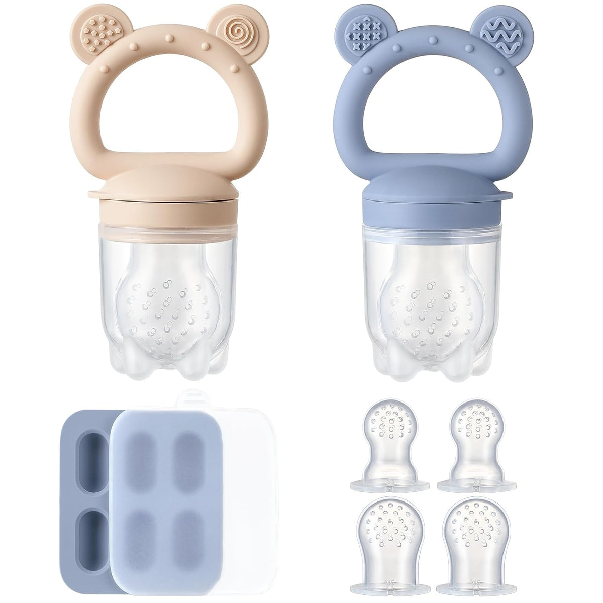 2 Pack Silicone Baby Fruit Feeder with Mini Freezer Tray, Breastmilk Popsicle Molds for Baby Teething Relief, Fresh Food Feeder for Safe Infant Self Feeding, Extra Food Pouches