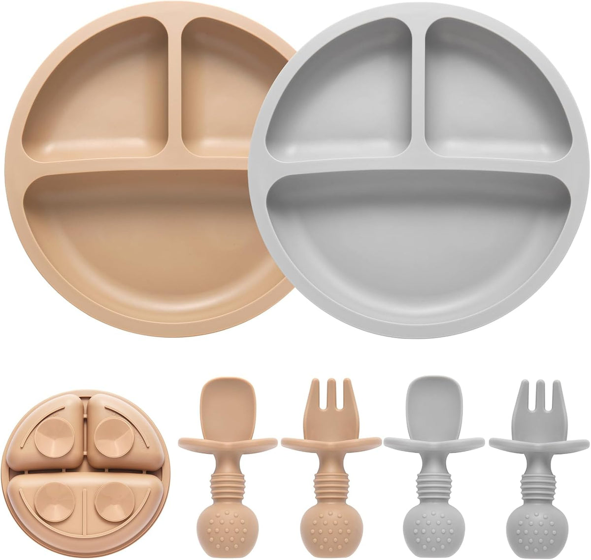 Eascrozn 2 Pack Divided Toddler Plates with Suction, Spoons and Forks Set