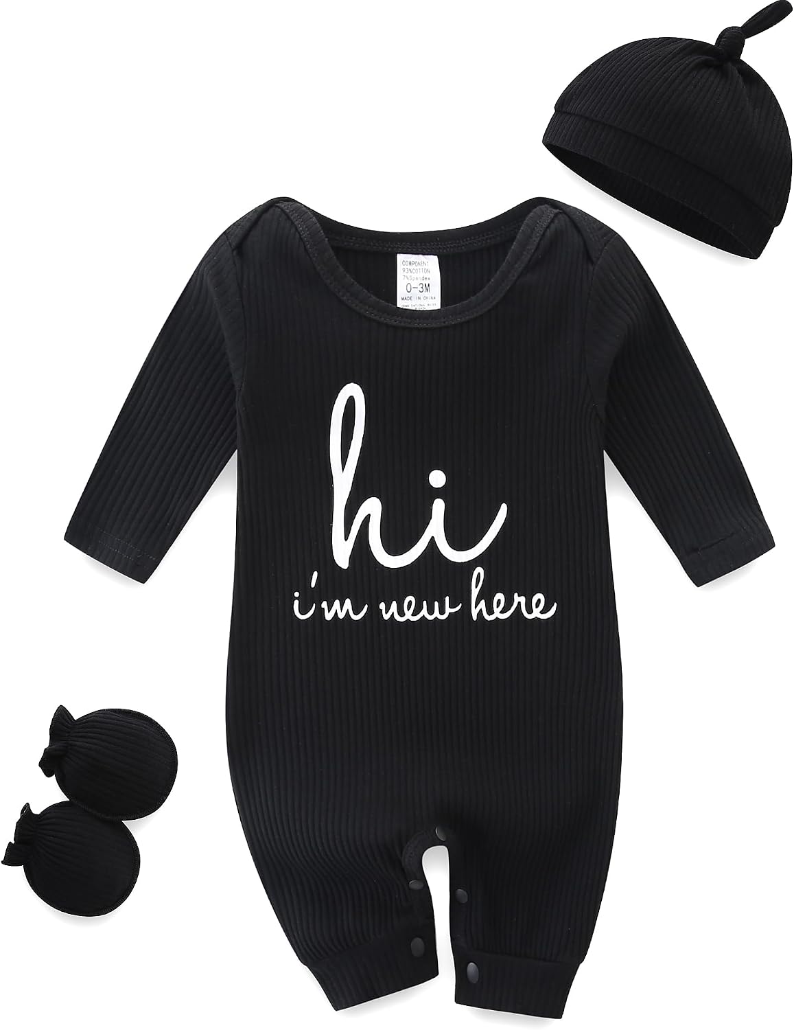Baby Romper with Baby Mittens & Newborn Hats Footless Long Sleeve