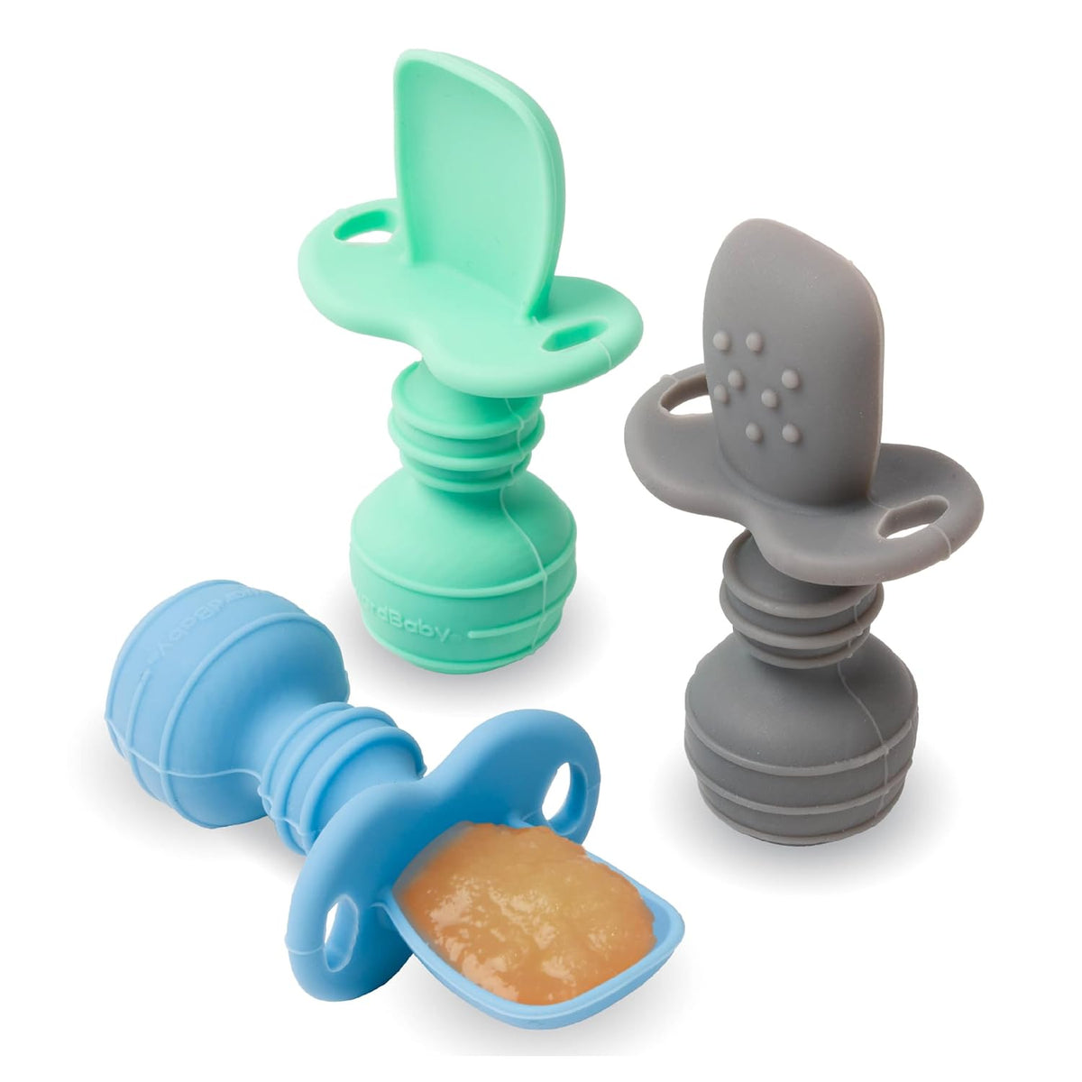 UpwardBaby Self-Feeding Spoon - Anti Choke Barrier - Silicone Baby Spoons Toddler Utensils for Home & Travel, Textured Tips Massage Gums & Baby-Led Weaning (Blue/Gray/Mint)