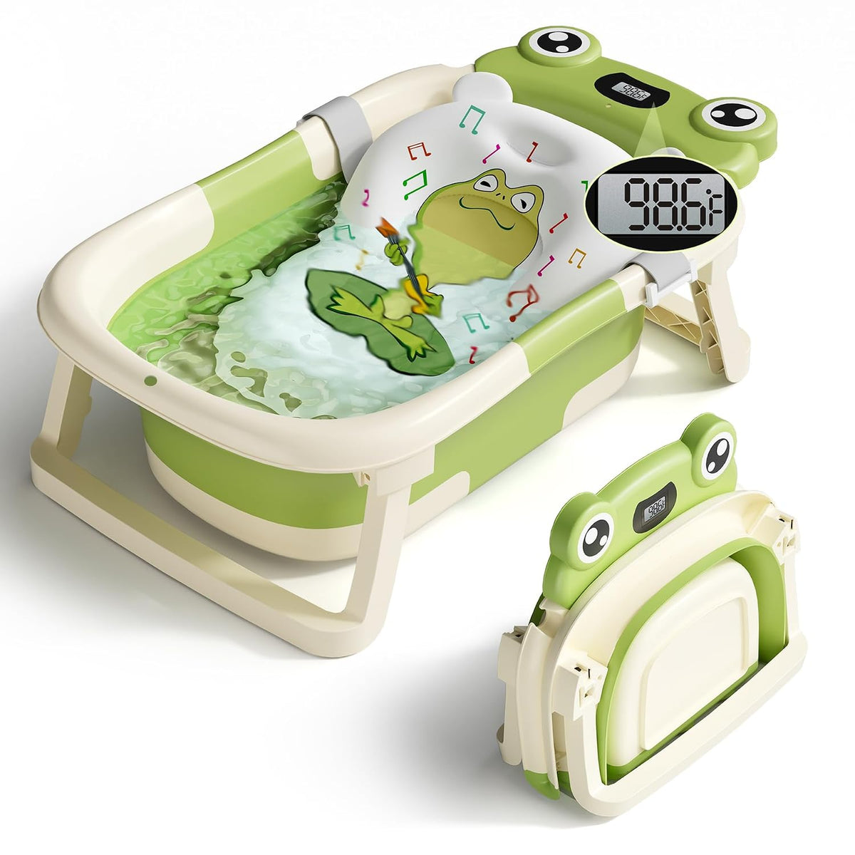 BUNWAG Baby Bathtub, Collapsible Newborn Bathtub for Infant to Toddler with Soft Cushion and Thermometer,Portable Travel Newborn Tub with No-Slip Feet, Baby Shower Gifts, 0-12 Months Baby Bath, Grey
