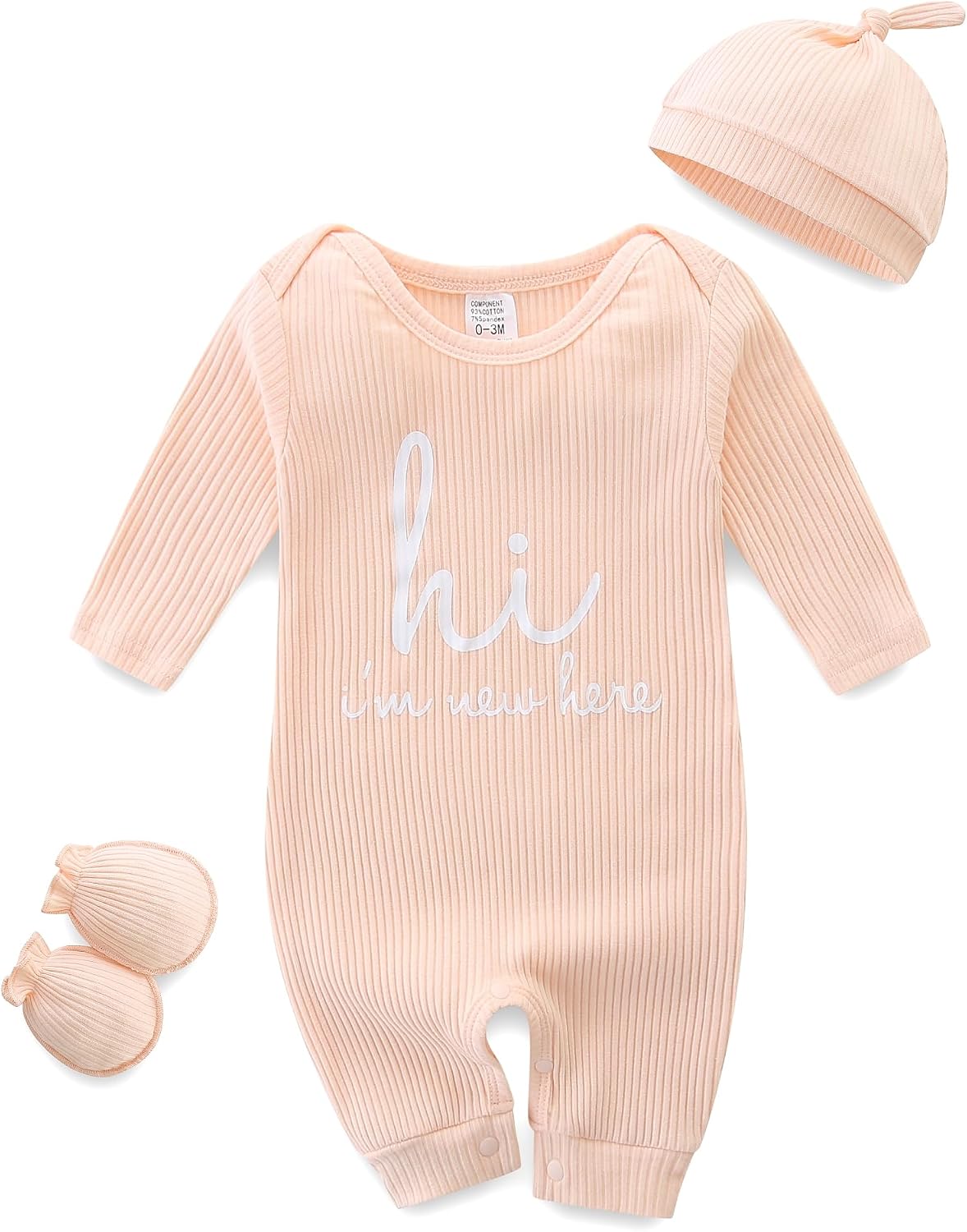 Baby Romper with Baby Mittens & Newborn Hats Footless Long Sleeve