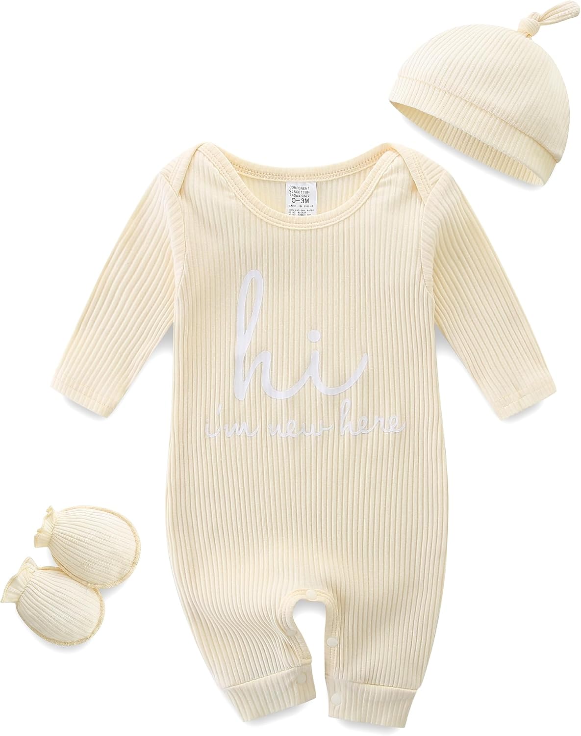 Baby Romper with Baby Mittens & Newborn Hats Footless Long Sleeve
