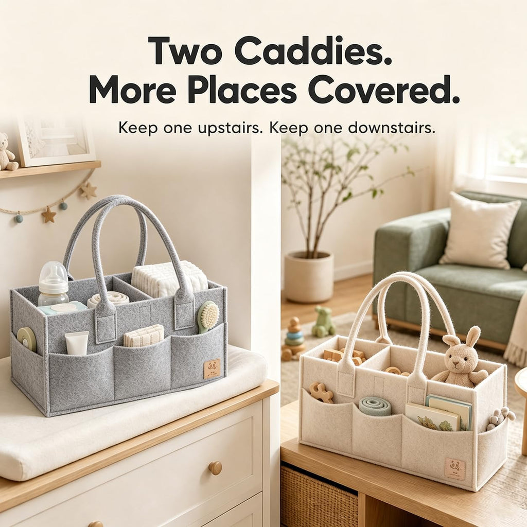 HIPHOP PANDA 2-Pack Diaper Caddy Organizer - Newborn Essentials Baby Registry Must Haves - Sturdy Nursery Storage Bin & Portable Car Caddy for Diapers & Wipes - Grey/Oatmeal Gift Set