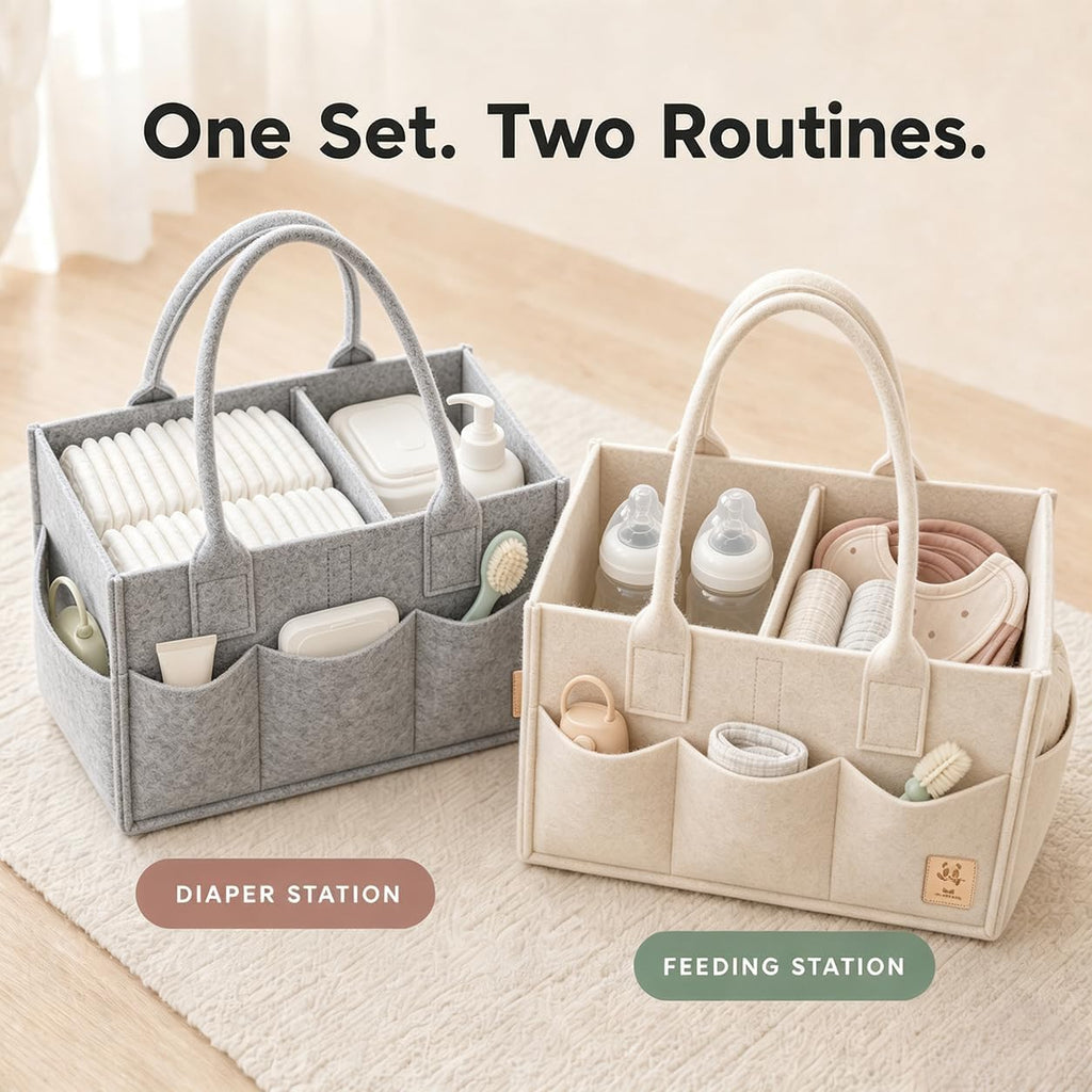 HIPHOP PANDA 2-Pack Diaper Caddy Organizer - Newborn Essentials Baby Registry Must Haves - Sturdy Nursery Storage Bin & Portable Car Caddy for Diapers & Wipes - Grey/Oatmeal Gift Set