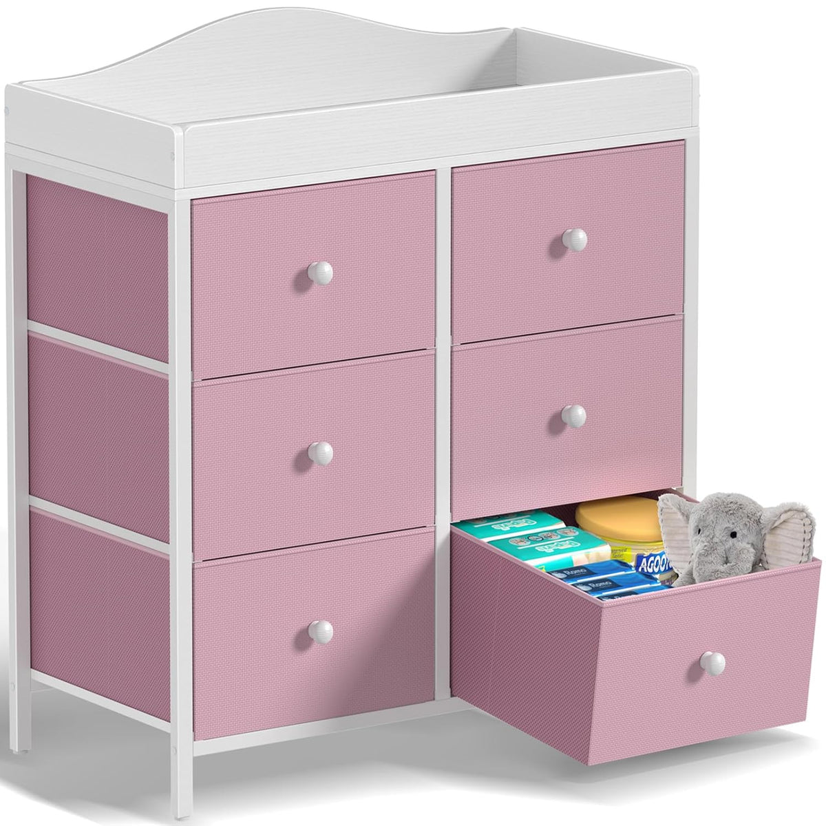 BOLUO White Changing Table Dresser with 6 Drawers Baby Dresser with Changing Table Top Diaper Changing Station with Storage for Nursery Modern