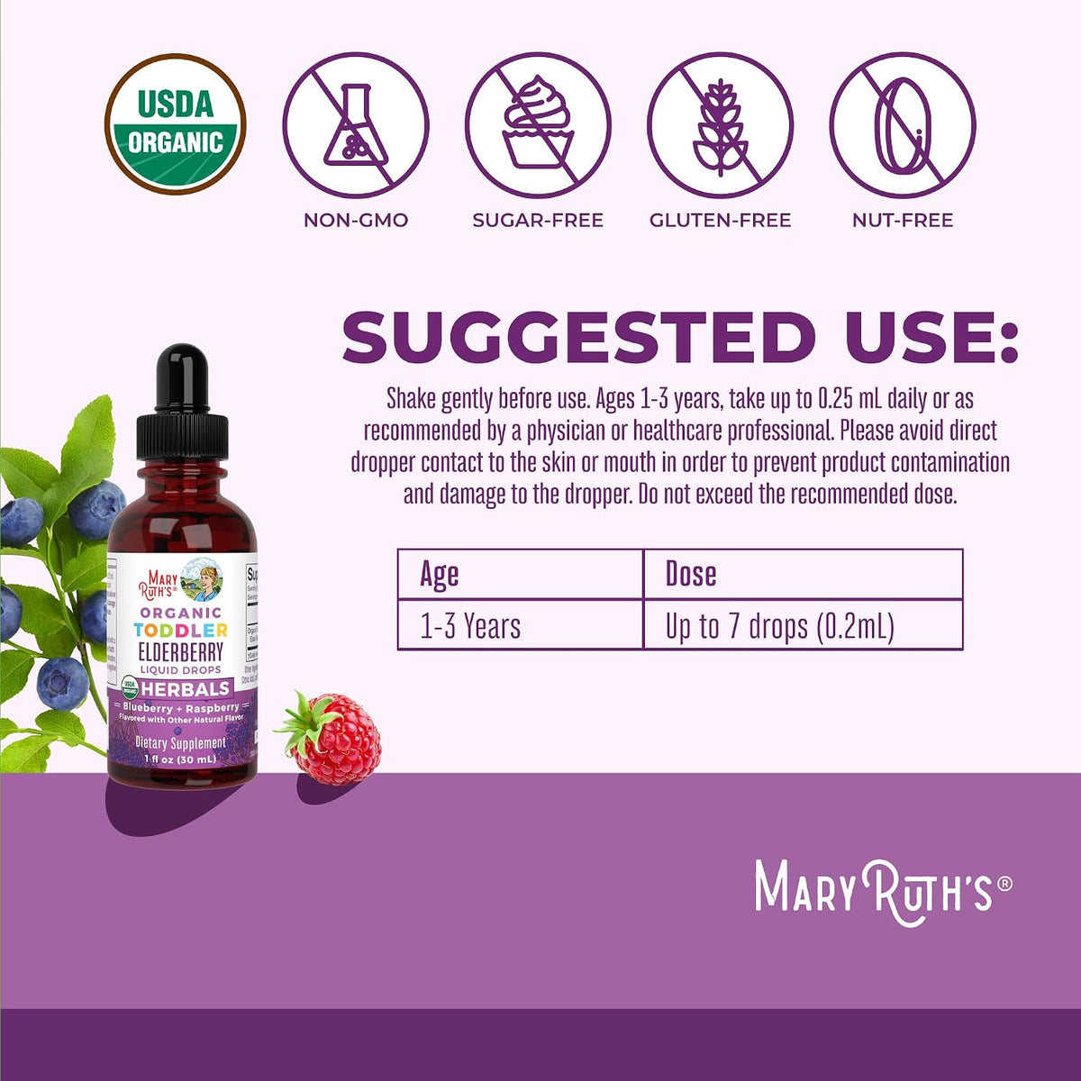 MARYRUTH'S Toddler Elderberry Syrup, USDA Organic Elderberry, Sugar Free Kids Immune Support Supplement for Ages 1-3 Years, Clean Label Project Verified®, Vegan, Non-GMO, Gluten Free, 1 Fl Oz