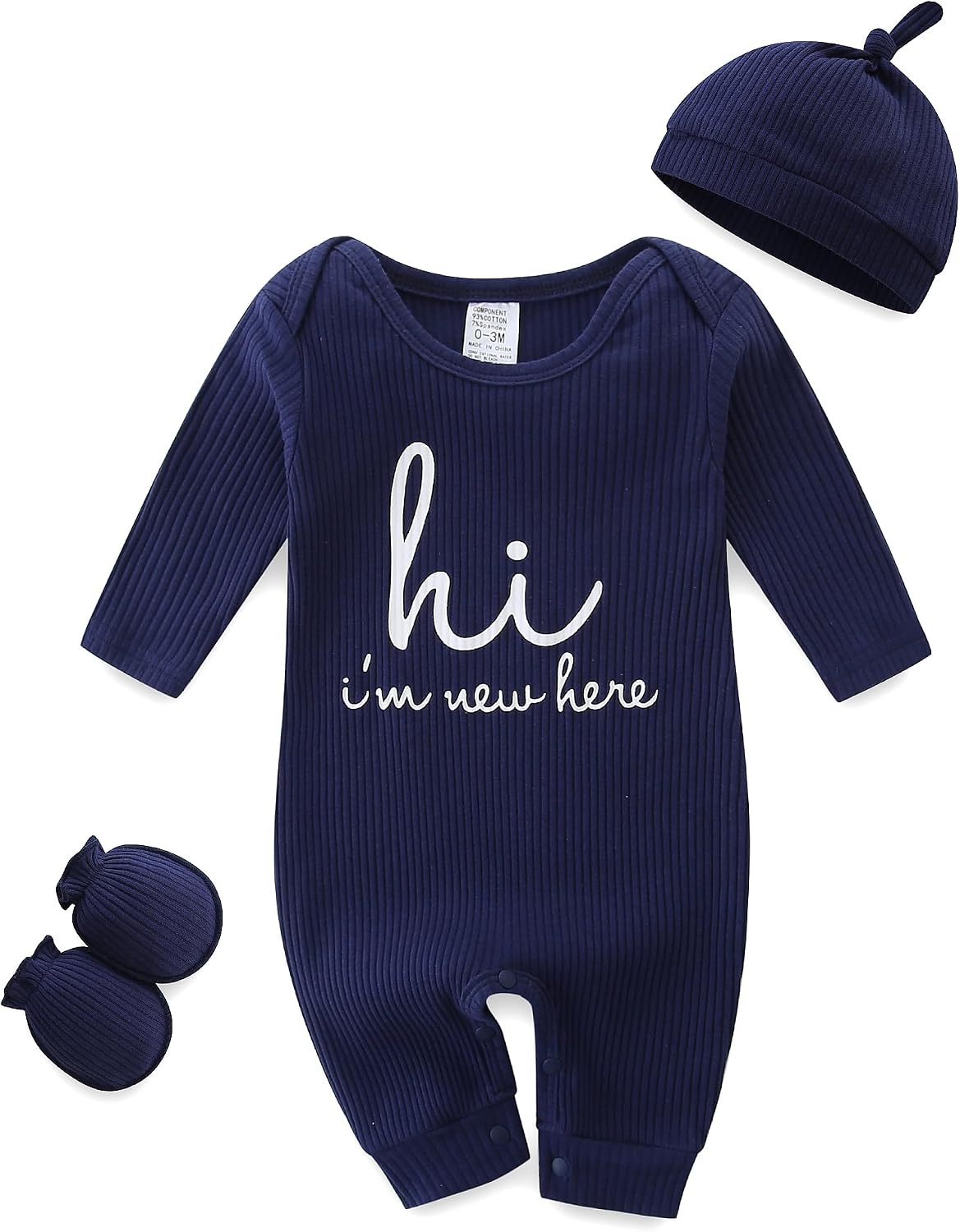Baby Romper with Baby Mittens & Newborn Hats Footless Long Sleeve
