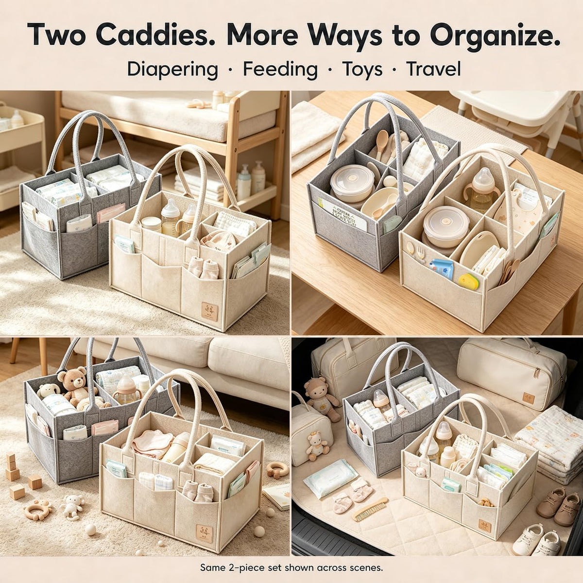 HIPHOP PANDA 2-Pack Diaper Caddy Organizer - Newborn Essentials Baby Registry Must Haves - Sturdy Nursery Storage Bin & Portable Car Caddy for Diapers & Wipes - Grey/Oatmeal Gift Set