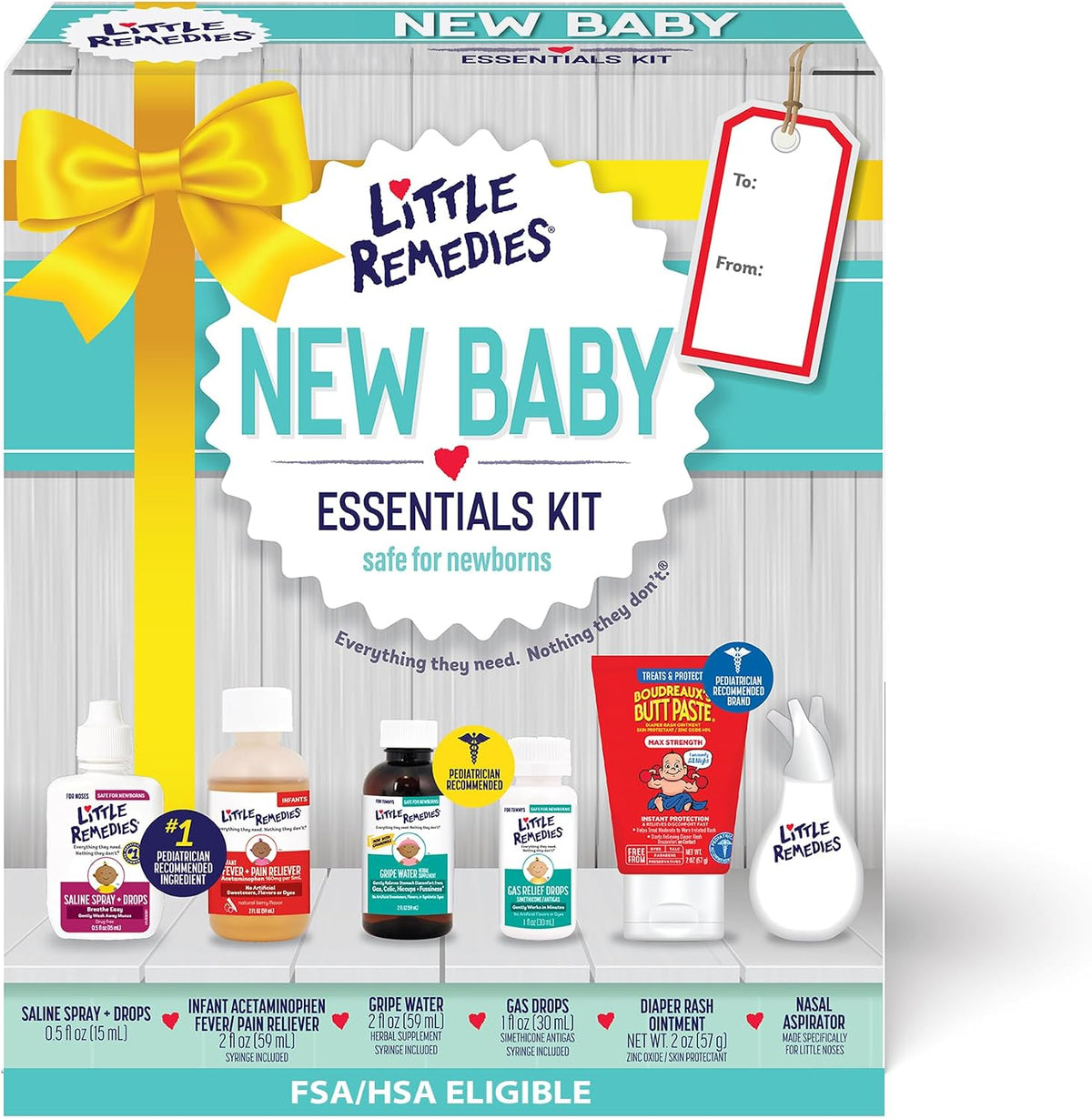 Little Remedies New Baby Essentials Kit with Saline Nasal Spray, Diaper Rash Cream, Gas Relief Drops, Gripe Water & More, Safe for Newborns, Multi-Color