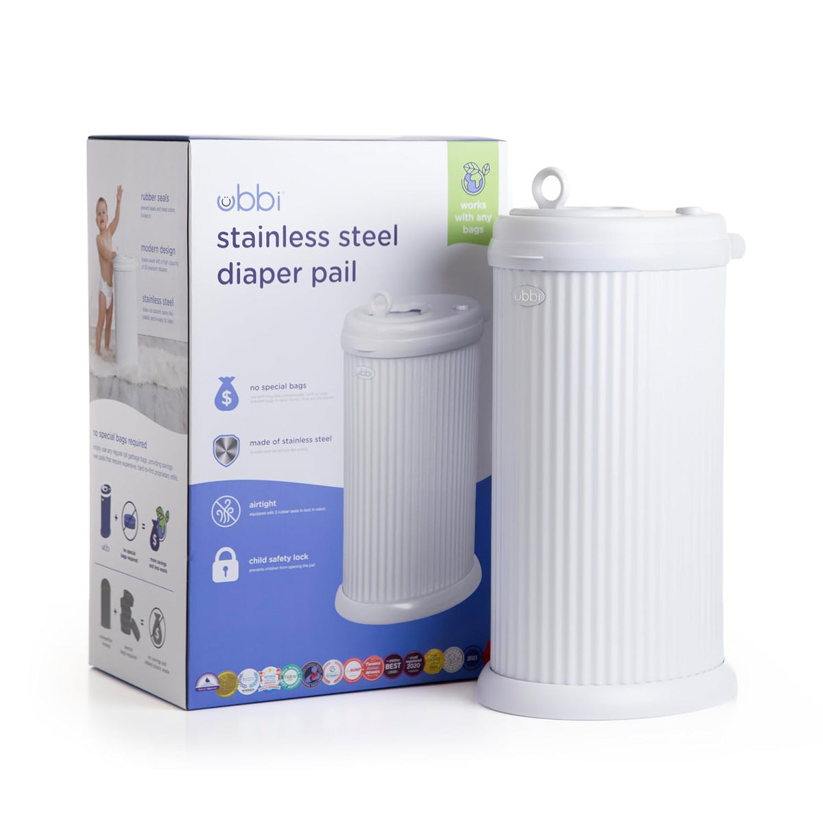 Ubbi Stainless Steel Diaper Pail, No Special Bags, Odor-Locking, White