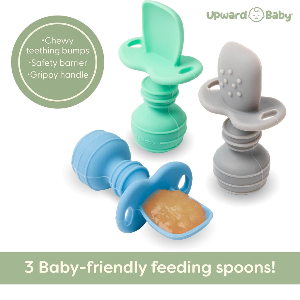UpwardBaby Self-Feeding Spoon - Anti Choke Barrier - Silicone Baby Spoons Toddler Utensils for Home & Travel, Textured Tips Massage Gums & Baby-Led Weaning (Blue/Gray/Mint)