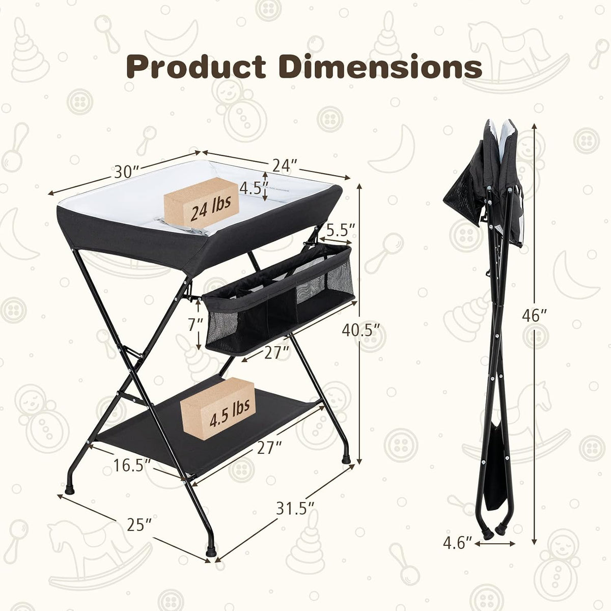 Costzon Changing Table, Portable Baby Changing Table Foldable Diaper Changing Station with Safety Belt, Large Storage Rack & Shelf, Nursery Organizer for Newborn Infant (Black)