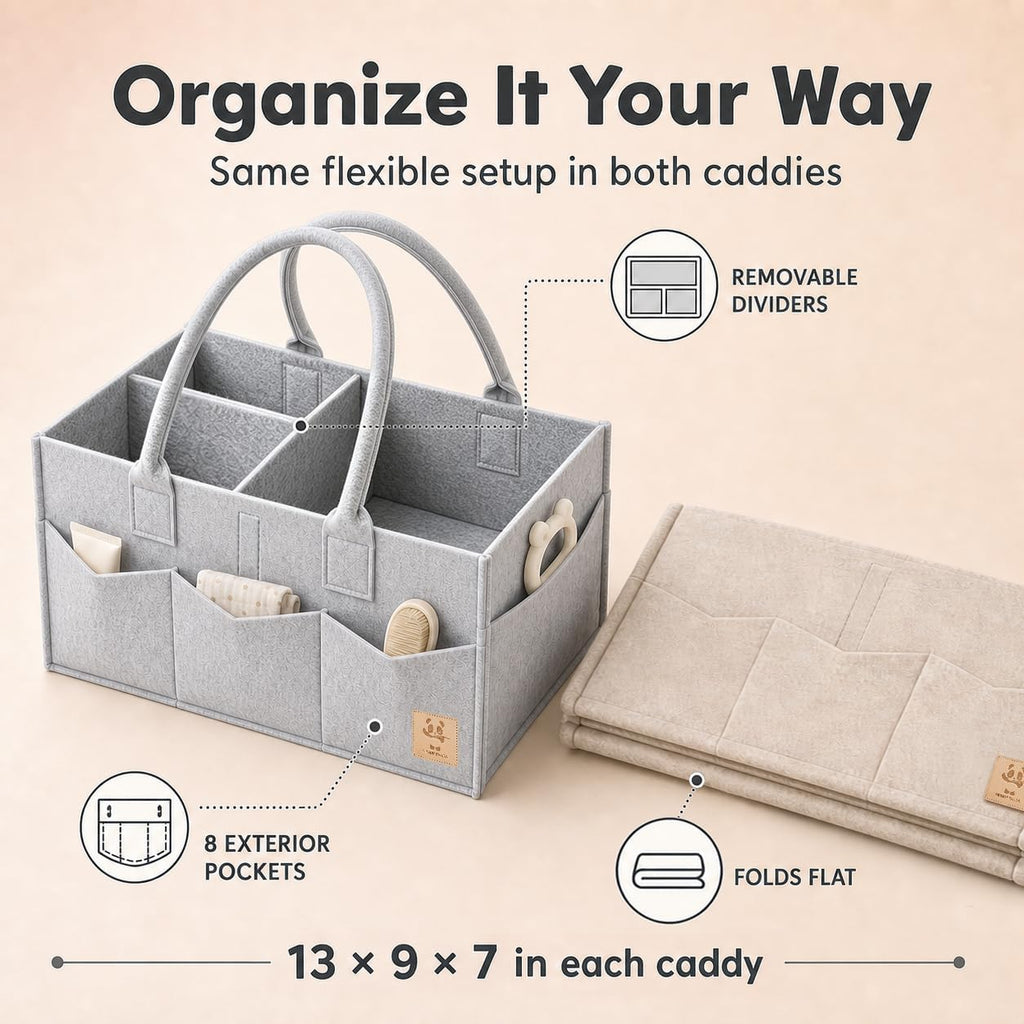 HIPHOP PANDA 2-Pack Diaper Caddy Organizer - Newborn Essentials Baby Registry Must Haves - Sturdy Nursery Storage Bin & Portable Car Caddy for Diapers & Wipes - Grey/Oatmeal Gift Set