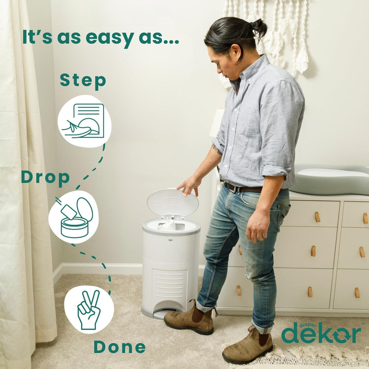 Diaper Dekor EKO Classic Diaper Pail, White | ONLY Eco-Friendly Diaper Pail Made with 70% Recycled Materials | Hands-Free: Step–Drop–Done | Cost-Effective Refill System