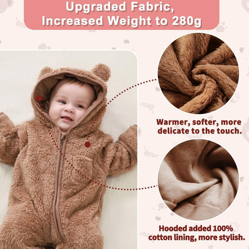 AiWMGL Newborn Baby Bear Outfit With Fold-Over Mittens and Footies Girls Boys Winter Fleece Clothes Hooded Romper Snowsuit