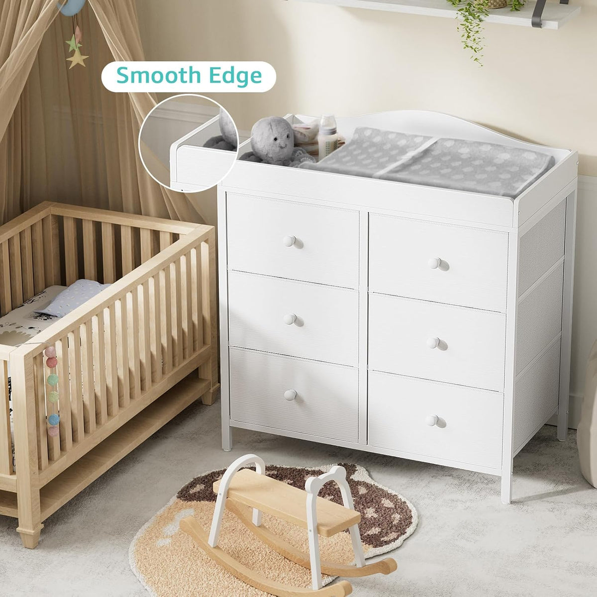 BOLUO White Changing Table Dresser with 6 Drawers Baby Dresser with Changing Table Top Diaper Changing Station with Storage for Nursery Modern