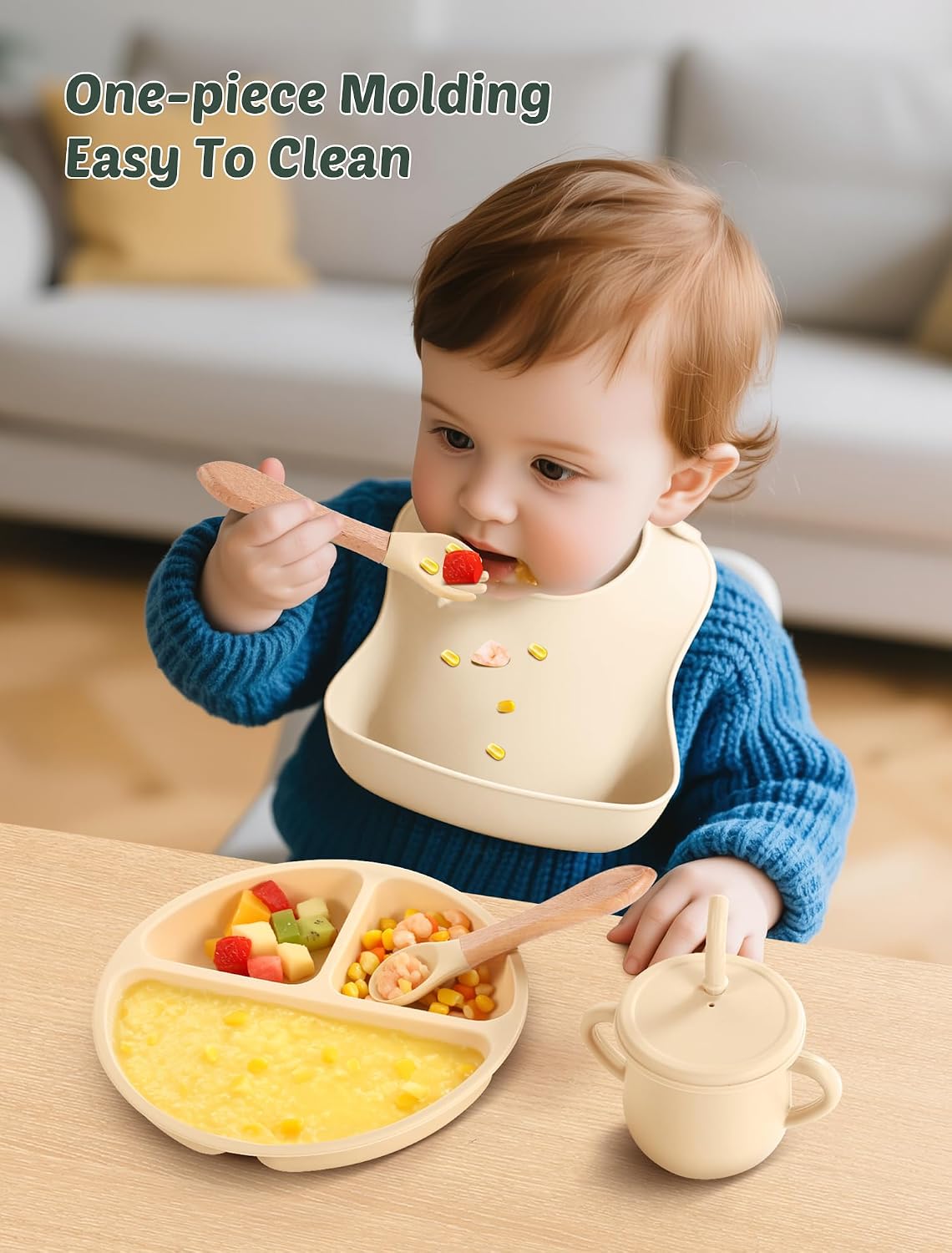 24 PCS Silicone Baby Feeding Set, Baby Led Weaning Supplies Includes Suction Bowls and Divided Plates, Adjustable Silicone Bib, Spoons&forks, Training cup with straw (Green+Brown+Beige)