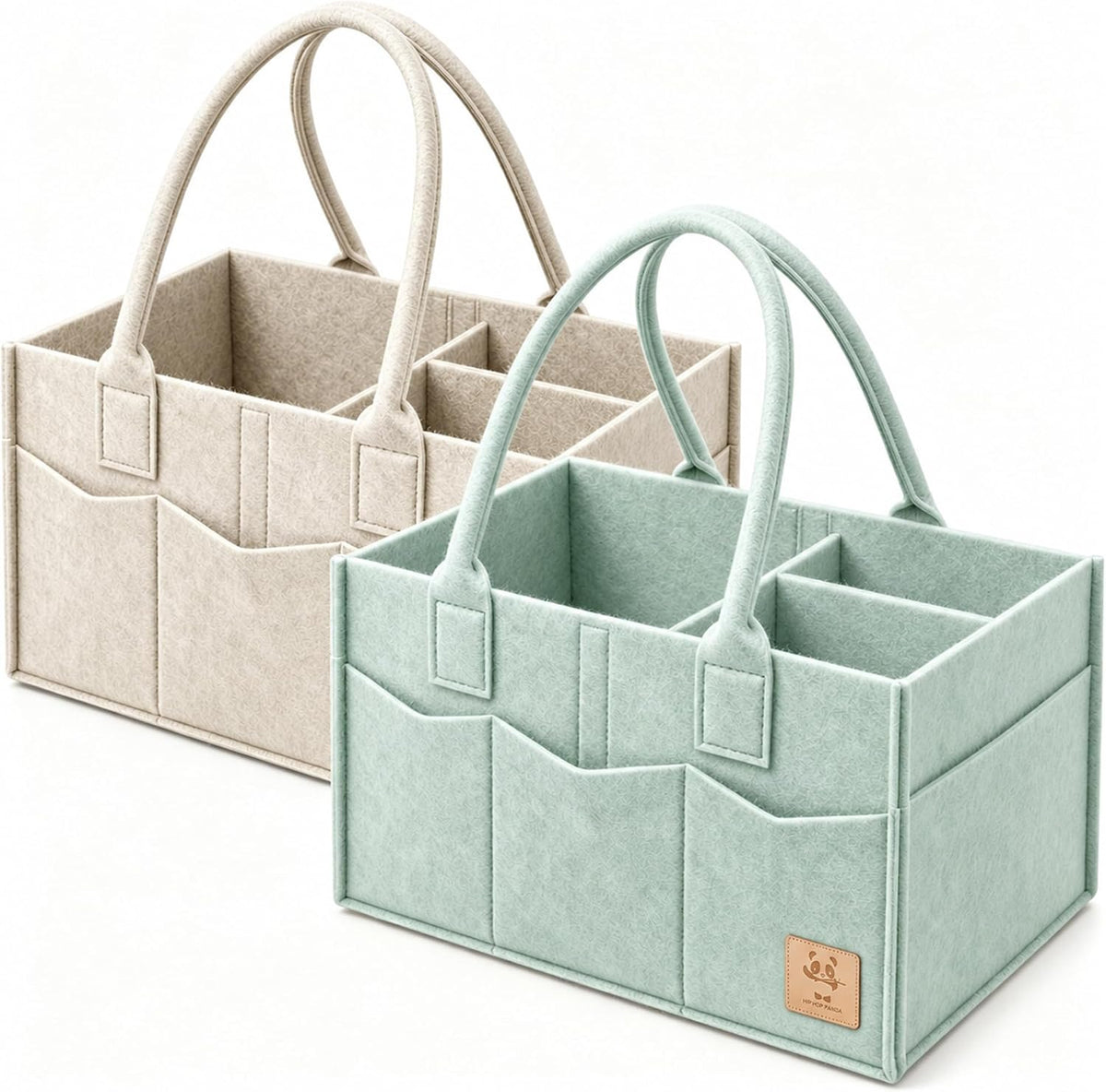 HIPHOP PANDA 2-Pack Diaper Caddy Organizer - Newborn Essentials Baby Registry Must Haves - Sturdy Nursery Storage Bin & Portable Car Caddy for Diapers & Wipes - Grey/Oatmeal Gift Set