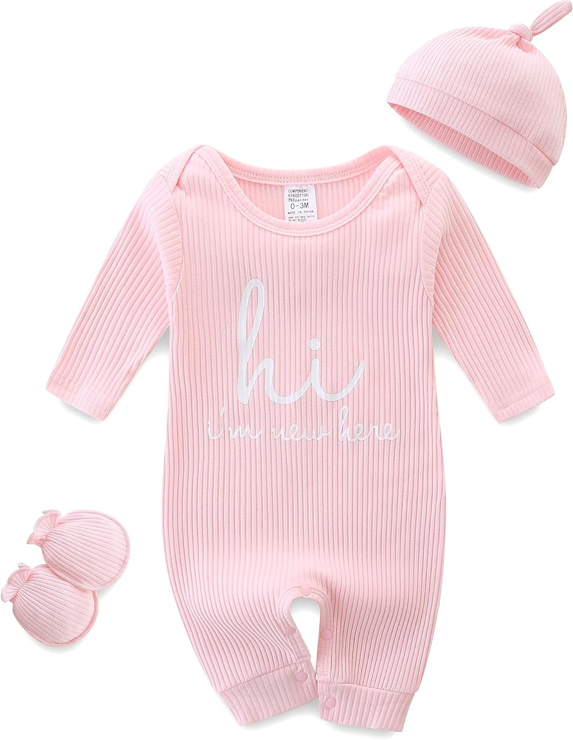 Baby Romper with Baby Mittens & Newborn Hats Footless Long Sleeve