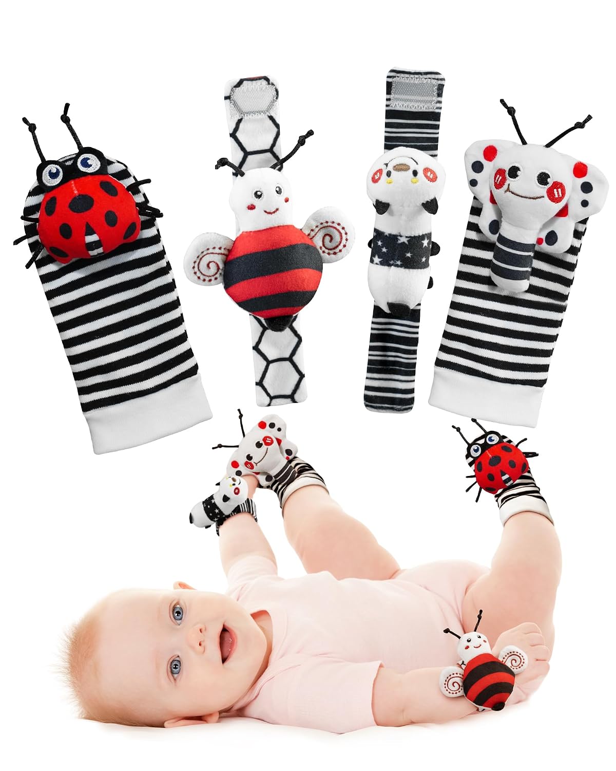 Infinno Wrist Rattles and Foot Finder Socks Set, Baby Toys for 0-12 Months