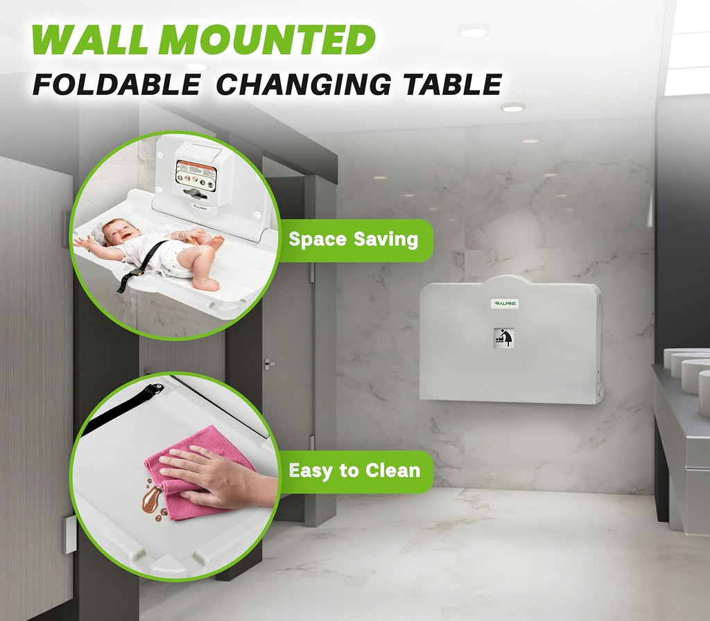 Alpine Wall Mounted Baby Changing Station - Horizontal Baby Changing Table Foldable Diaper Tables with Safety Strap for Commercial Bathroom, ADA Complaint (Hardware Included) Light Gray