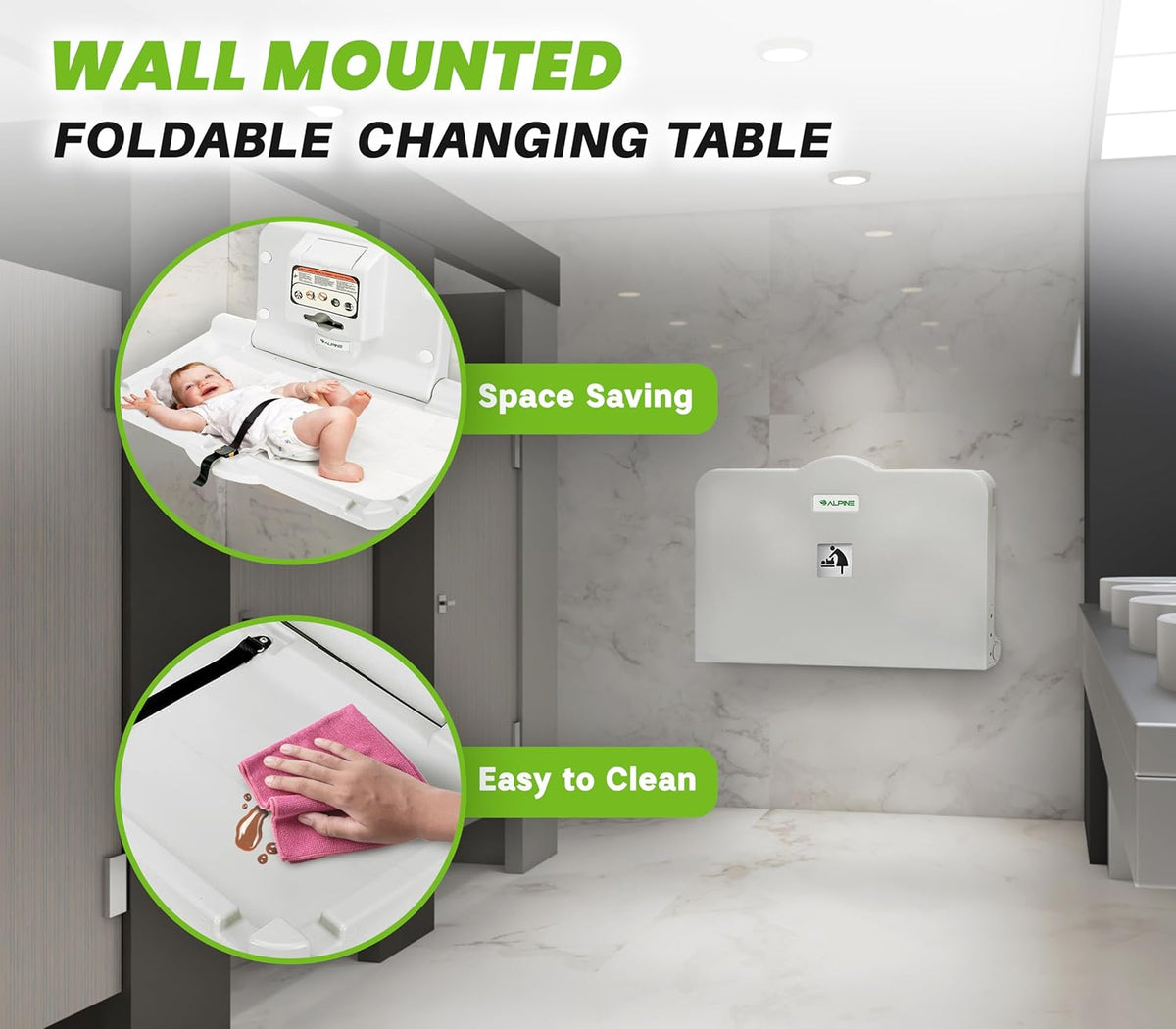 Alpine Wall Mounted Baby Changing Station - Horizontal Baby Changing Table Foldable Diaper Tables with Safety Strap for Commercial Bathroom, ADA Complaint (Hardware Included) Light Gray
