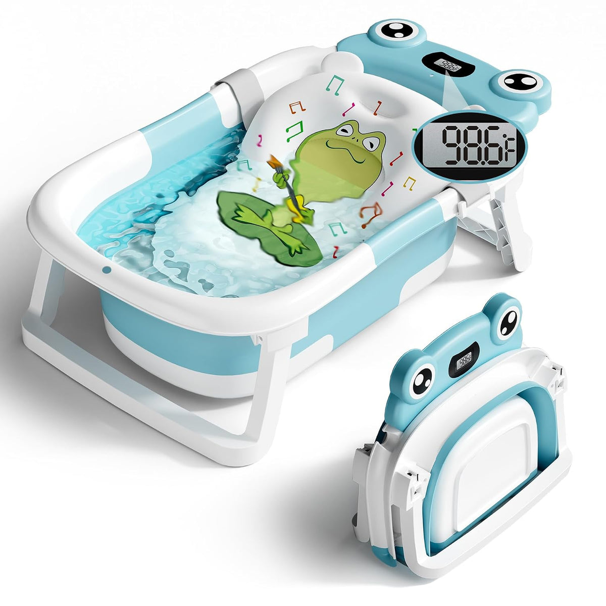 BUNWAG Baby Bathtub, Collapsible Newborn Bathtub for Infant to Toddler with Soft Cushion and Thermometer,Portable Travel Newborn Tub with No-Slip Feet, Baby Shower Gifts, 0-12 Months Baby Bath, Grey