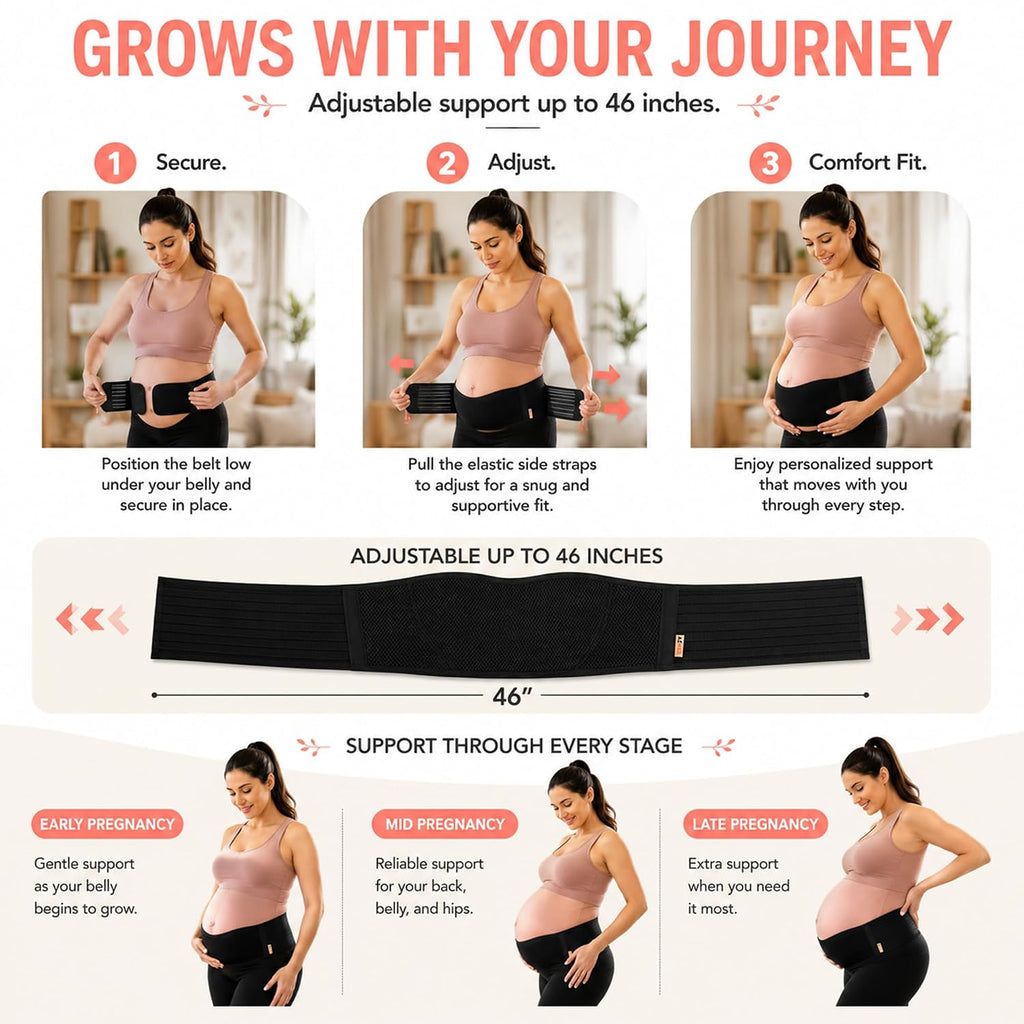 AZMED Maternity Belt Back Support - Adjustable Abdominal Binder for Pregnancy - Belly Band for Pelvic, Waist & Lower Back Comfort - Fits Up to 46 Inches - Black
